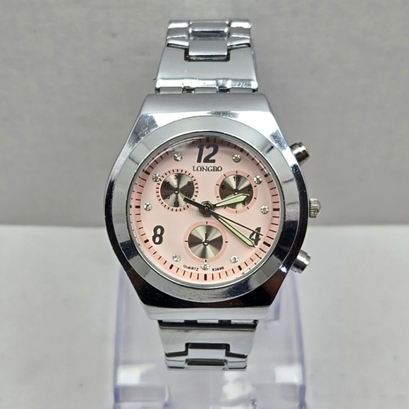 Womens Longbo Chronograph Pink Silver Tone Watch New Battery - Picture 1 of 10